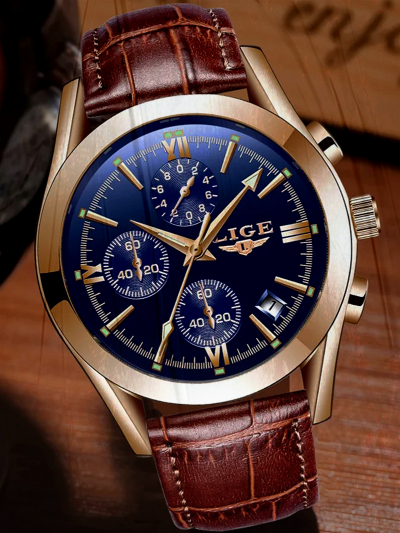 LIGE Orologio Uomo Moda MLG9839, Quarzo Giapponese, Cronografo, Data, Vetro Minerale, Cinturino Pelle Marrone, 42mm